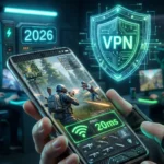 شاشة هاتف تعرض بنج منخفض 20ms وتطبيق VPN سريع لألعاب ببجي وفري فاير 2026 تطبيقات VPN