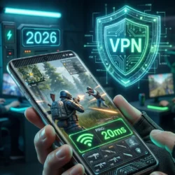 شاشة هاتف تعرض بنج منخفض 20ms وتطبيق VPN سريع لألعاب ببجي وفري فاير 2026 تطبيقات VPN